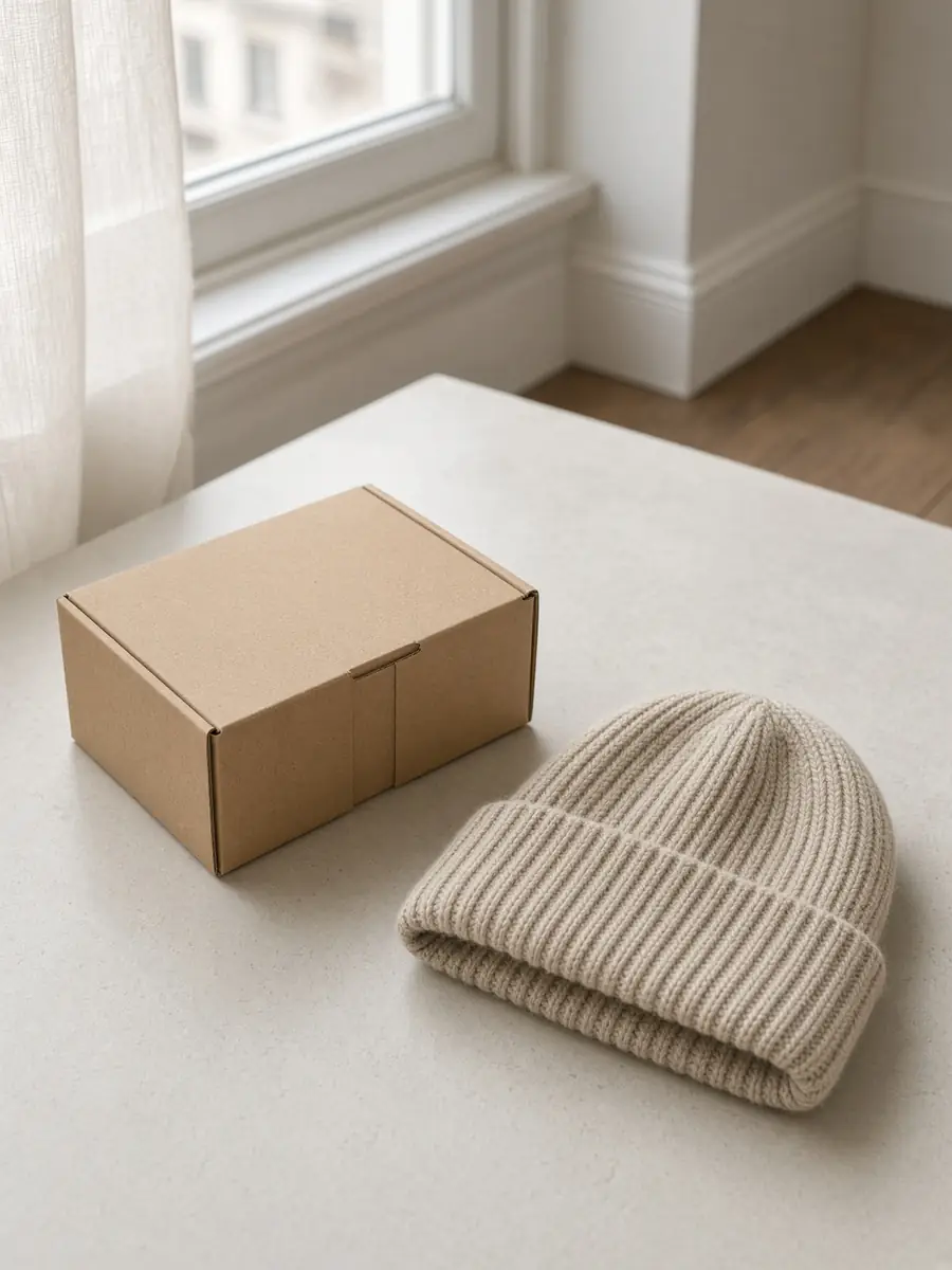 Petit colis kraft et bonnet en maille sur une table claire