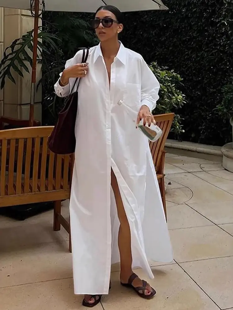 Robe chemise, longue, col chemise