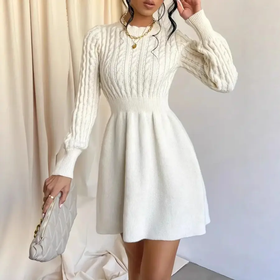 Robe maille, côtelée, lien à la taille